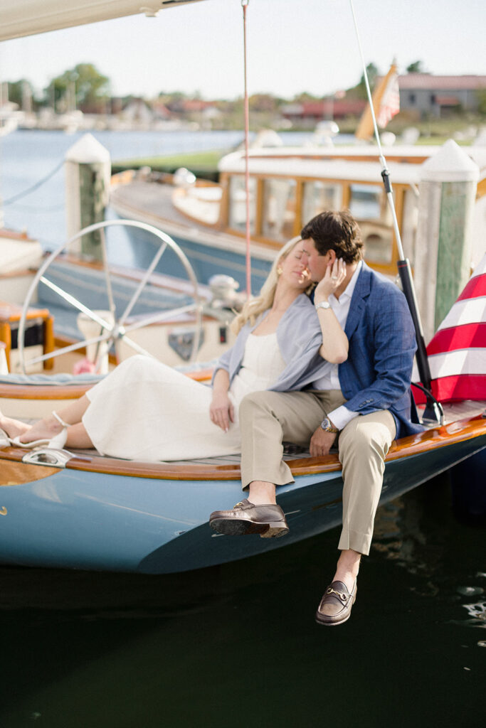 Chesapeake Bay engagement session with Catherine and Taylor sailing during their Maryland waterfront engagement photos