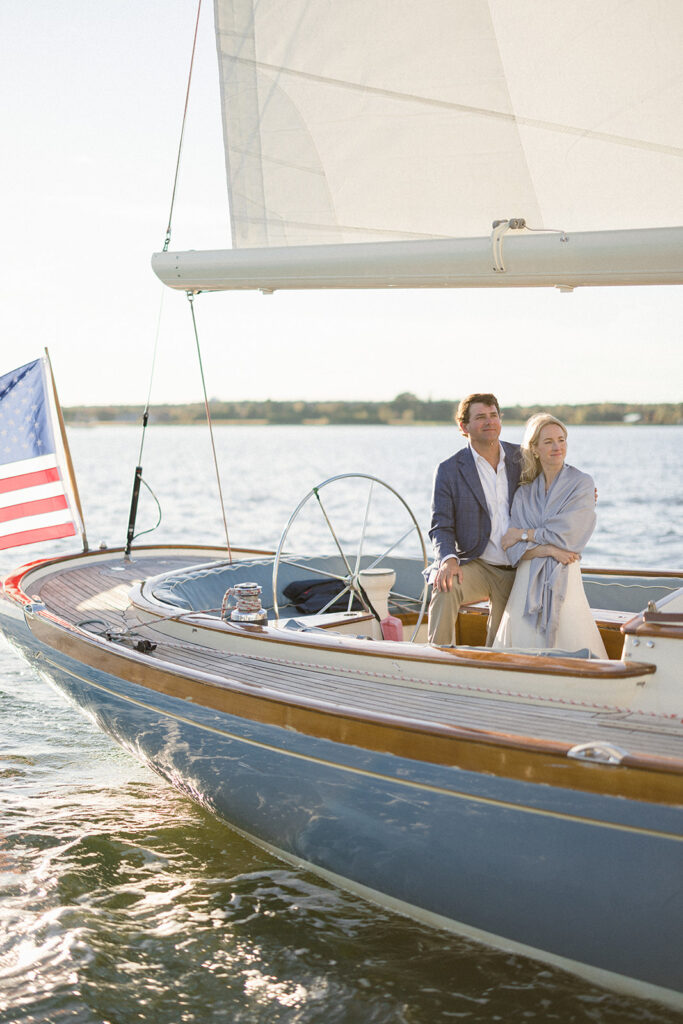 Chesapeake Bay engagement session with Catherine and Taylor sailing during their Maryland waterfront engagement photos