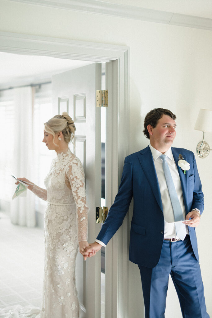 Catherine and Taylor’s fall wedding ceremony at the Inn at Perry Cabin in St. Michaels Maryland overlooking the Chesapeake Bay