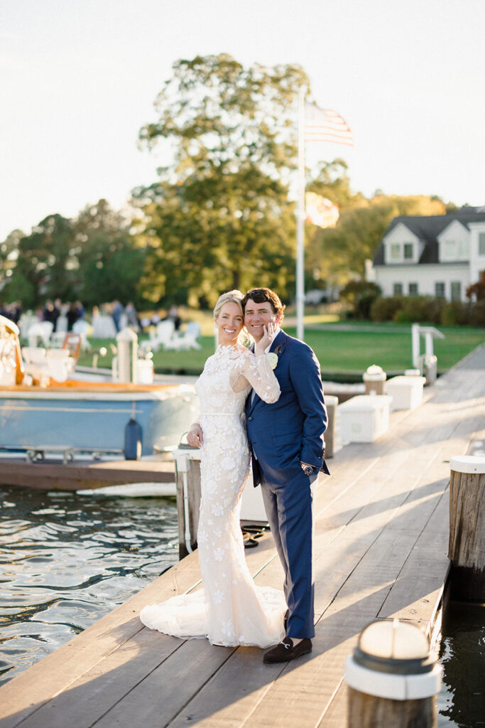 Catherine and Taylor’s fall wedding ceremony at the Inn at Perry Cabin in St. Michaels Maryland overlooking the Chesapeake Bay