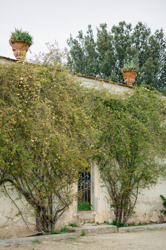 Campbell and Stuart during their engagement session in Florence, Italy, walking through historic cobblestone streets surrounded by classic Renaissance architecture at golden hour before their Tuscany wedding celebration.