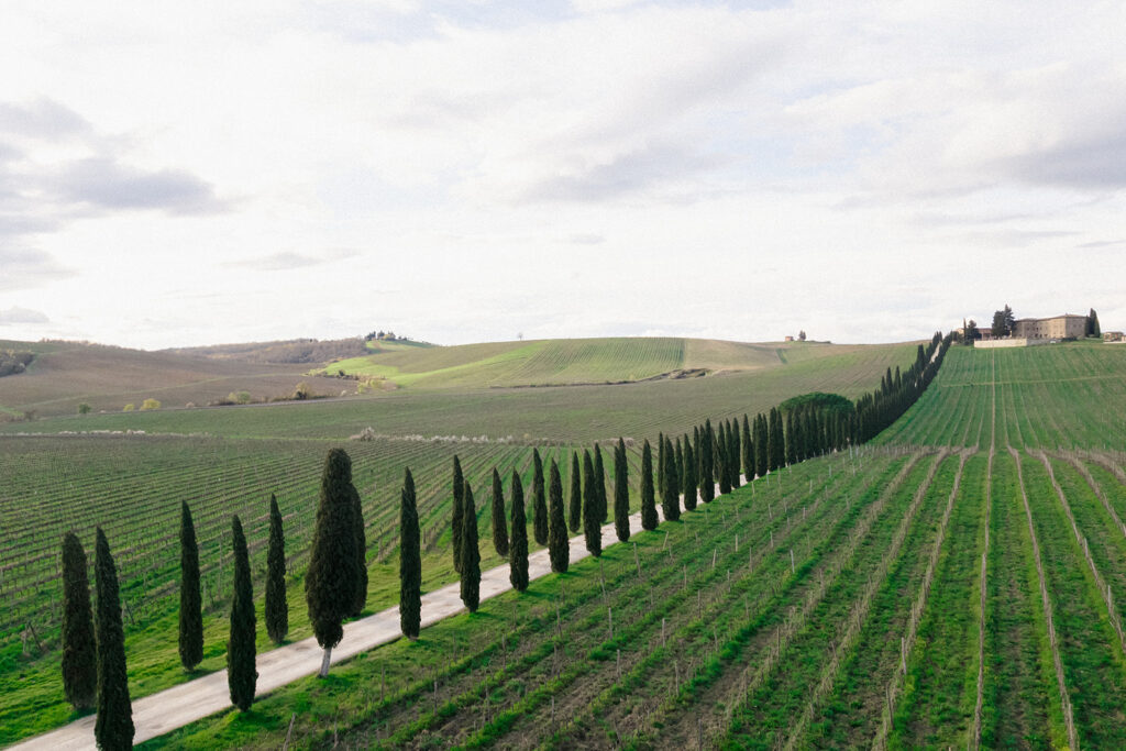 Campbell and Stuart exchanging vows during their wedding ceremony in the rolling hills of Tuscany, Italy, surrounded by close family